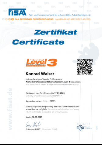 Zertifikat Konrad Walser Industriekletterer Meister