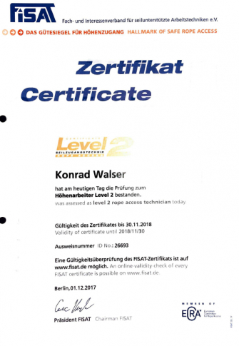 Zertifikat Walser Höhenarbeiten FISAT
